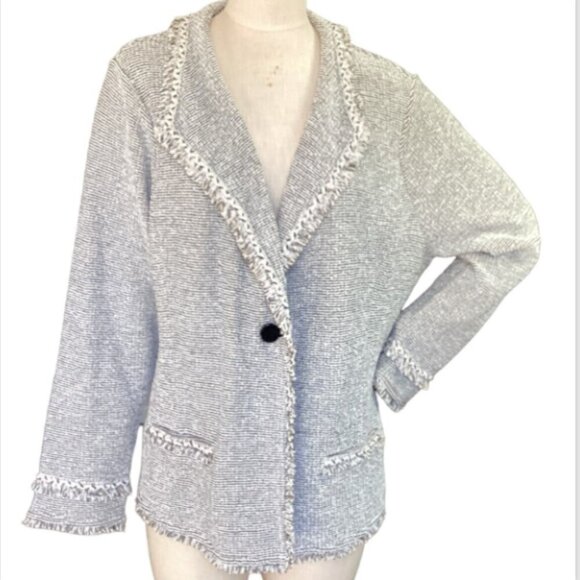 Chico's Tweed Blazer/Cardigan Pockets Fringed 4 (XXL/20-22) Black/Ecru #82i - Picture 3 of 10